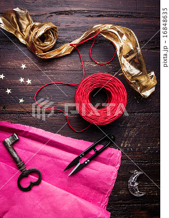 Decoration elements for craft on old wooden table. Decoration elements for craft on old wooden table. 16848635