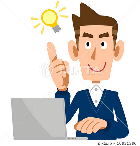 アイデアが閃いた男性とノートパソコンのイラスト素材