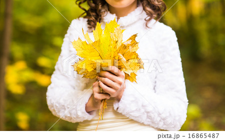 woman holding a maple autumn leaves woman holding a maple autumn leaves 16865487