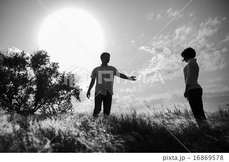 Happy couple outdoor, summertime, bw photo 16869578