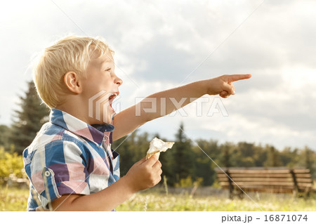 Cheerful Little Boy Eating Ice Cream In The Park 16871074