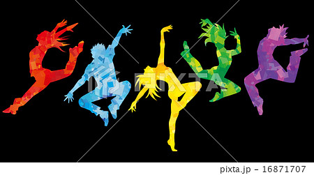 ダンサー５人横並べ カラフルカラー背景黒 のイラスト素材