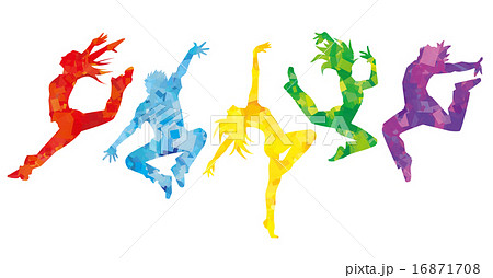 ダンサー５人横並べ カラフルカラー のイラスト素材