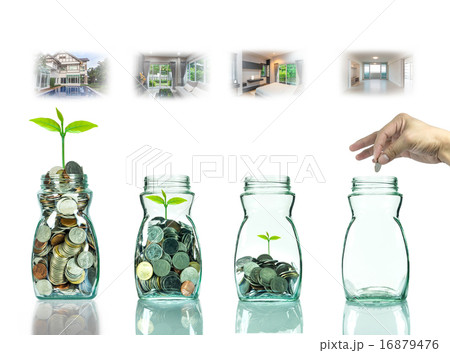 "Hand putting mix coins and seed in clear bottle with step of co "Hand putting mix coins and seed in clear bottle with step of co 16879476
