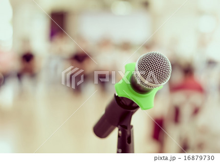 Close up of microphone in conference room on blurred background, 16879730