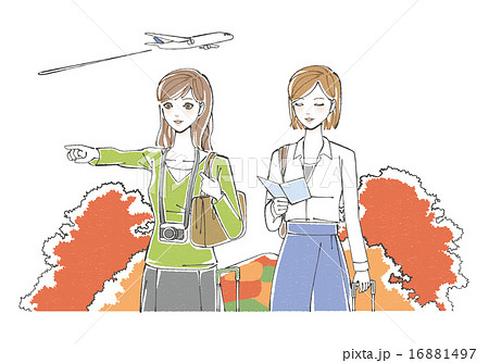 秋に旅行する女性二人組イラストのイラスト素材