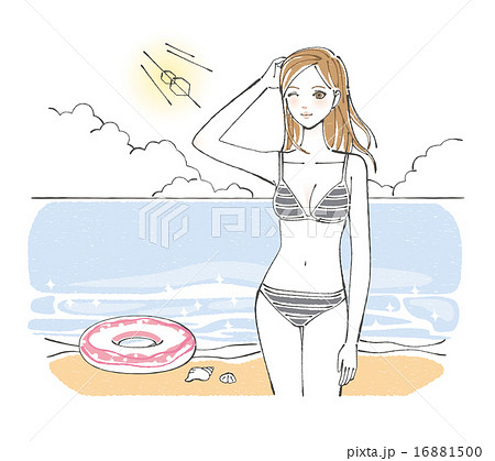 海で遊ぶ水着姿の女性イラストのイラスト素材