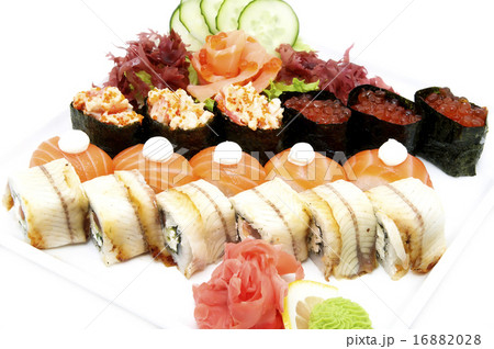 serving traditional Japanese sushi on white backgr serving traditional Japanese sushi on white backgr 16882028