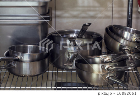 pots and pans, stainless steel kitchen shelf pots and pans, stainless steel kitchen shelf 16882061