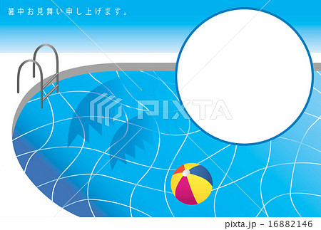 ビーチボールが浮かぶプールサイドの暑中見舞い状フォトフレーム   16882146