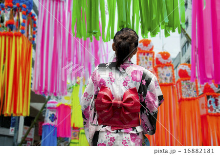 七夕祭浴衣の女性の写真素材