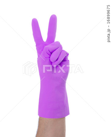 Hand in rubber gloves gesturing, close up 16899675