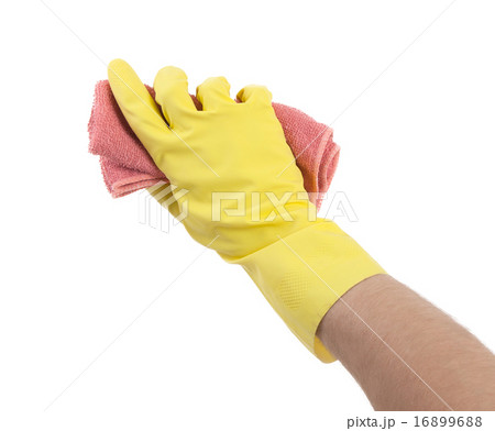 Hand wearing rubber glove and hold rag(mop) 16899688