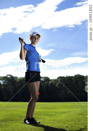 Young woman playing golf, bright colorful vivid theme 16901802