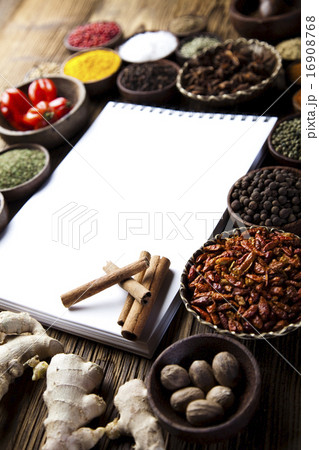Cookbook and various spices, orintal cuisine vivid 16908768