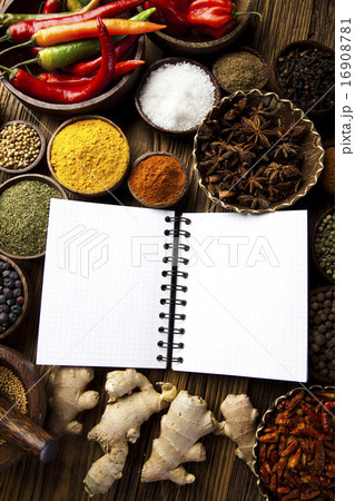 Cookbook and various spices, orintal cuisine vivid 16908781