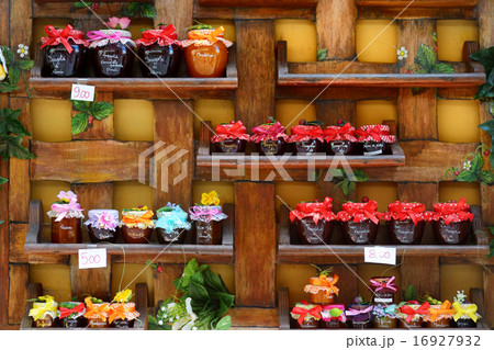 Colorful jam jars arranged for sale Colorful jam jars arranged for sale 16927932