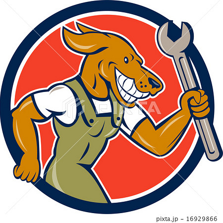 Dog Mechanic Running With Spanner Circle Cartoon 16929866