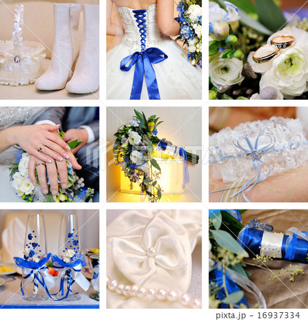 collage of nine wedding photos in blue 16937334