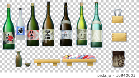 日本酒や一升瓶や湯呑み 日本料理 寿司店小物のイラスト素材