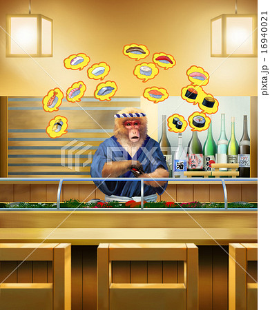 寿司店の店内で寿司を握る ニホンザルが寿司ネタを紹介のイラスト素材