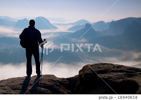 Dark of hiker with poles. Sunny spring daybreak 16940658