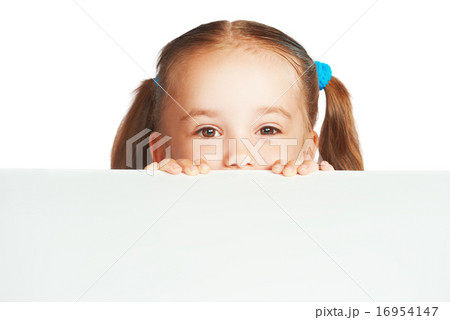 Happy child girl and blank white poster billboard 16954147
