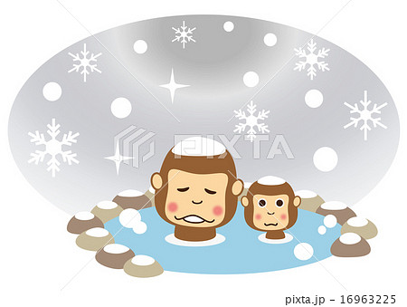 冬 温泉を楽しむサルの親子のイラスト素材
