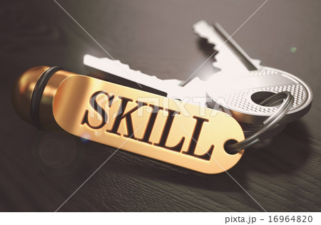 Skill - Bunch of Keys with Text on Golden Keychain. Skill - Bunch of Keys with Text on Golden Keychain. 16964820