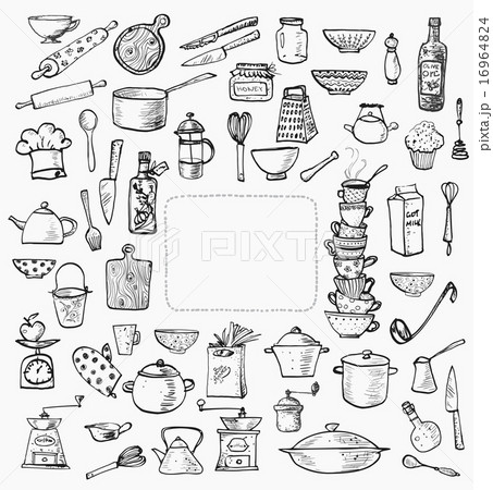 Big set of kitchen utensils hand-drawn on white 16964824