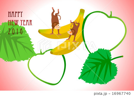申年年賀状 フォトフレーム バナナと子ザルの逆立ちのイラスト素材