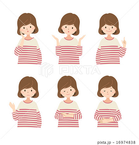 ピンクボーダー七分袖tシャツの女性6表情セットのイラスト素材