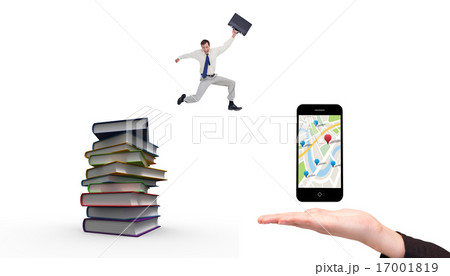 Composite image of cheerful jumping businessman with his suitcas Composite image of cheerful jumping businessman with his suitcas 17001819