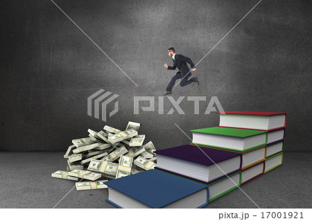 Composite image of geeky young businessman running mid air 17001921