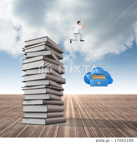 Composite image of geeky happy businessman running mid air 17002206