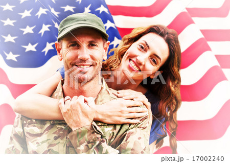 Composite image of soldier reunited with partner 17002240
