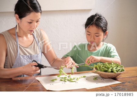 ピクニックの準備　親子で枝豆の切り分け 17018985