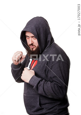 Boxer athlete with a huge beard hooded worth hands clenched into Boxer athlete with a huge beard hooded worth hands clenched into 17027003