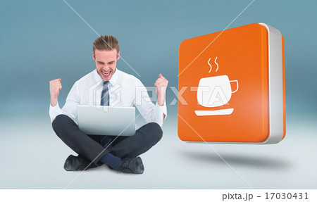 Composite image of businessman using laptop and cheering 17030431