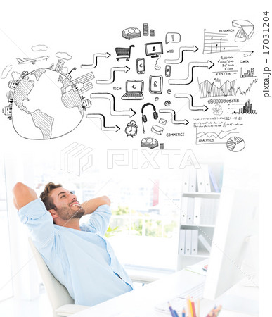 Composite image of casual man resting with hands behind head in Composite image of casual man resting with hands behind head in 17031204