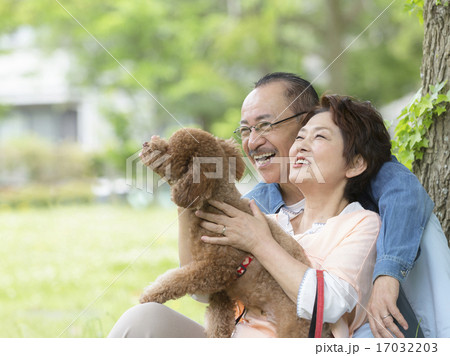 トイプードルを抱くシニア夫婦 トイプードルを抱くシニア夫婦 17032203
