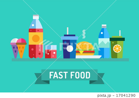 Fast food vector objects set. Water bottle, juice, eat, ice cream, hamburger, hot dog, mobile 17041290