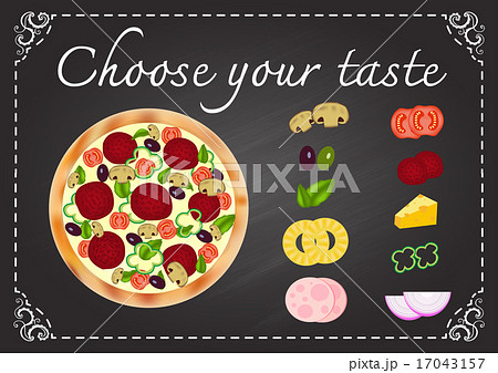 pizza with ingredients on chalkboard pizza with ingredients on chalkboard 17043157