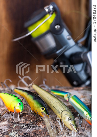 fishing bait wobbler and reel with line on birch fishing bait wobbler and reel with line on birch 17048233