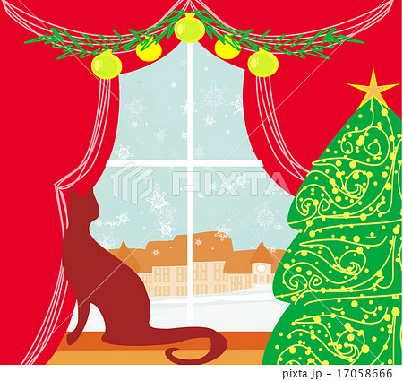 Christmas tree and cat at window Christmas tree and cat at window 17058666