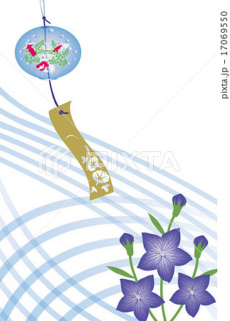 風鈴とキキョウの花の夏のイラストはがきのイラスト素材
