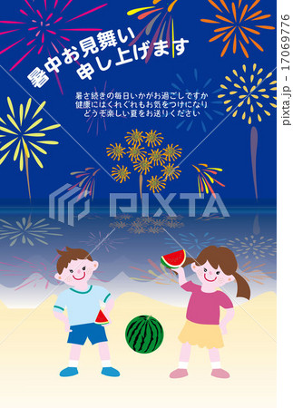 夏の花火と子供のイラスト暑中見舞いのイラスト素材