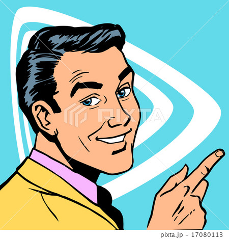 man shows the direction of your finger and smiles man shows the direction of your finger and smiles 17080113