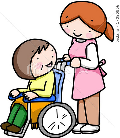 車椅子でお散歩 おばあちゃんと介護師のお姉さん カラーのイラスト素材