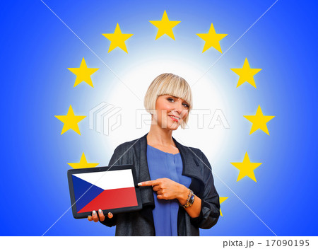 woman holding tablet with czech republic flag on european union woman holding tablet with czech republic flag on european union 17090195